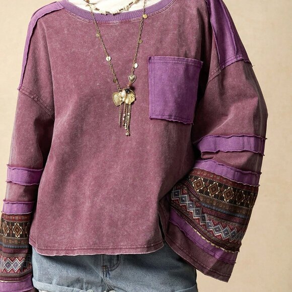 Multicolor Casual Women's Knit Patchwork Round Neck Long Sleeve Loose T-Shirt - Picture 5 of 8